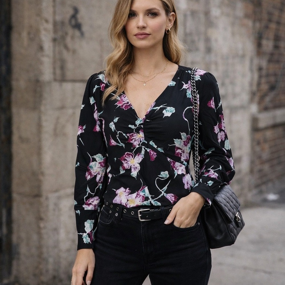 A.L.C.‎ Millie Stretch Silk Floral Blouse Top Black Size 4